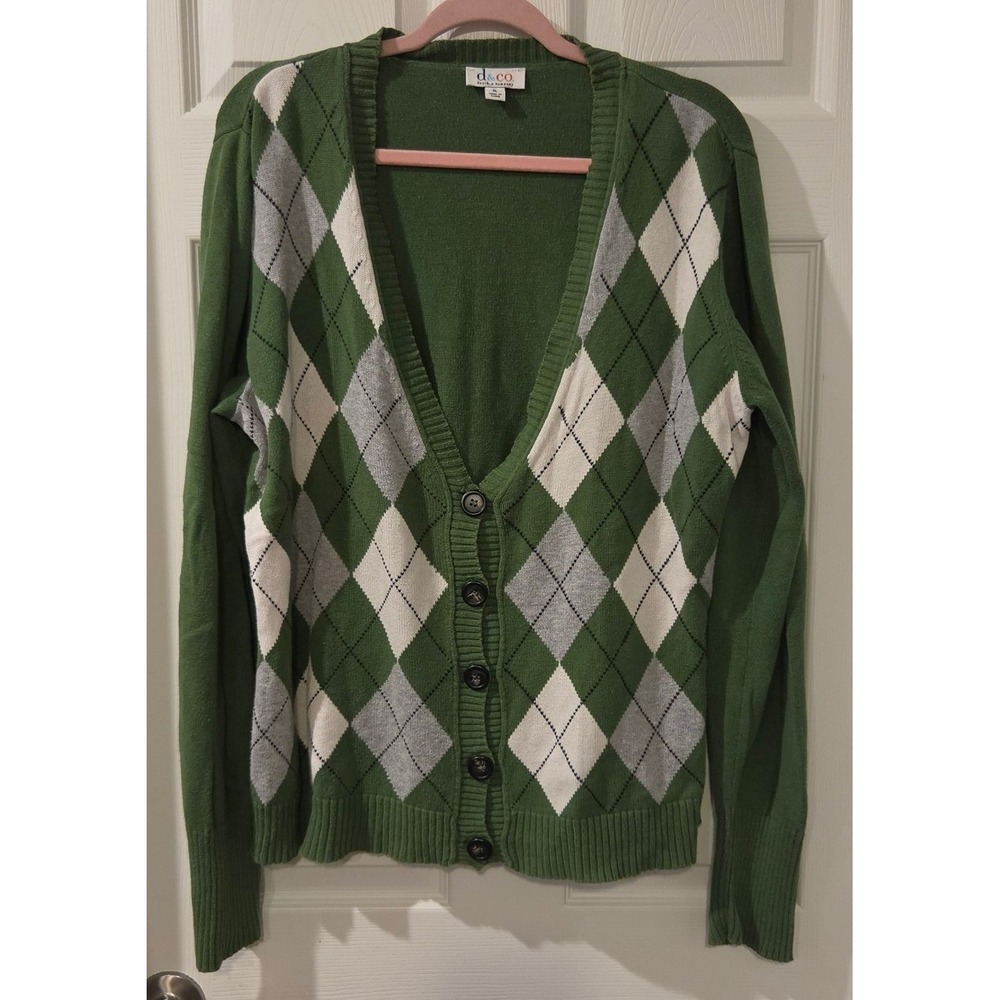 Denim & Co XL Green Argyle Cardigan 100% Cotton Preppy Grandpa Academia Sweater